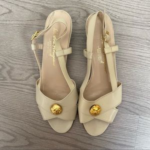 Salvatore Ferragamo Beige Sandals Gold Button
